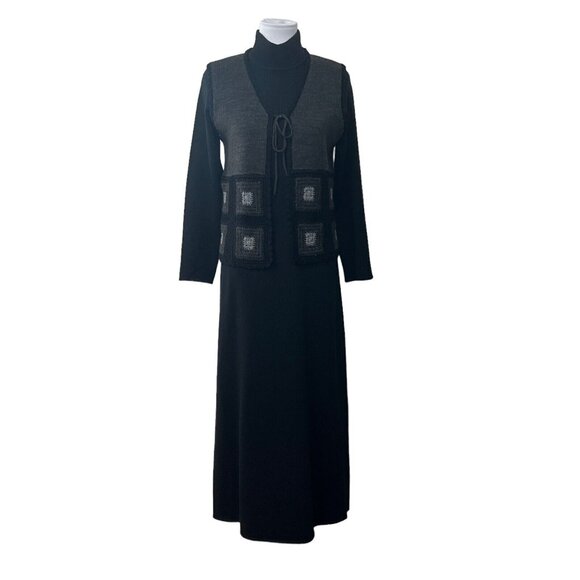 Nina Leonard Crochet Knit Dress Gray Granny Square Long Sleeve Black Wool Blend - Picture 2 of 8